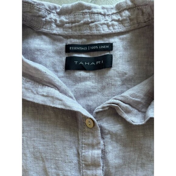 Tahari Linen Button Up Tunic Sz M Long Roll Tab Sleeves Lilac Lagenlook Coastal - Picture 6 of 10